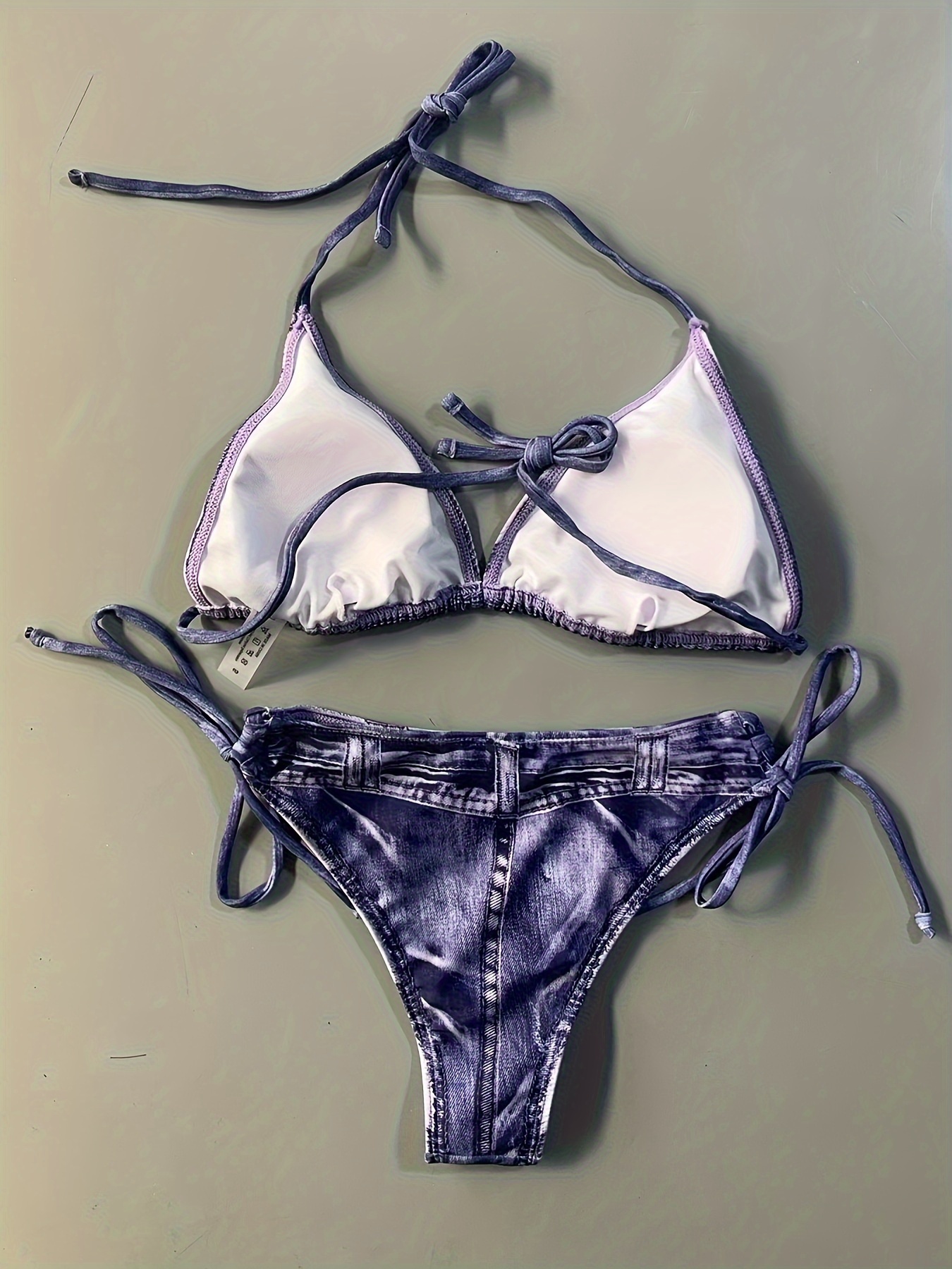 Faux Denim Print Triangle 2 Piece Set Bikini, Tie Strap Halter Backless Swimsuits, Women's Swimwear & Clothing