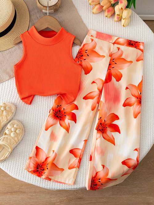 imagen del artículo conjunto para niñas, chaleco sin acanalado y pantalones de pierna ancha con estampado floral, 2 piezas, conjunto casual de vacaciones, para exteriores