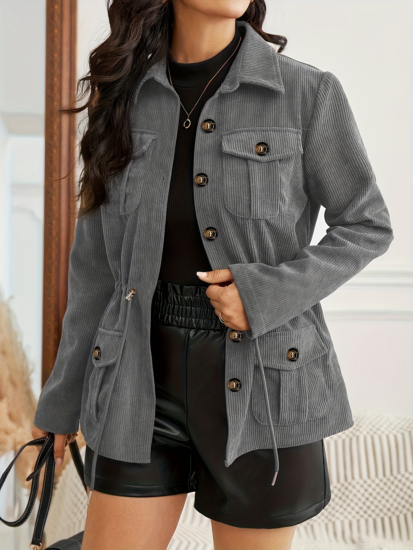 veste décontractée convertible pour femme avec capuche à cordon - manteau lavable en machine toutes  , poches   & design uni, collection   Détails du produit 3