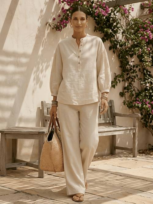 imagem do item conjunto de férias casual elegante para mulher, top de quartos com redonda e calças compridas