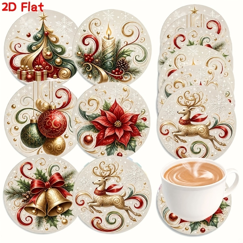 TEMU The Set Includes 6 Wooden Christmas-themed Coasters, Each With Exquisite 2d Flat Christmas Tree And Gift Patterns. Suitable For Home And Office