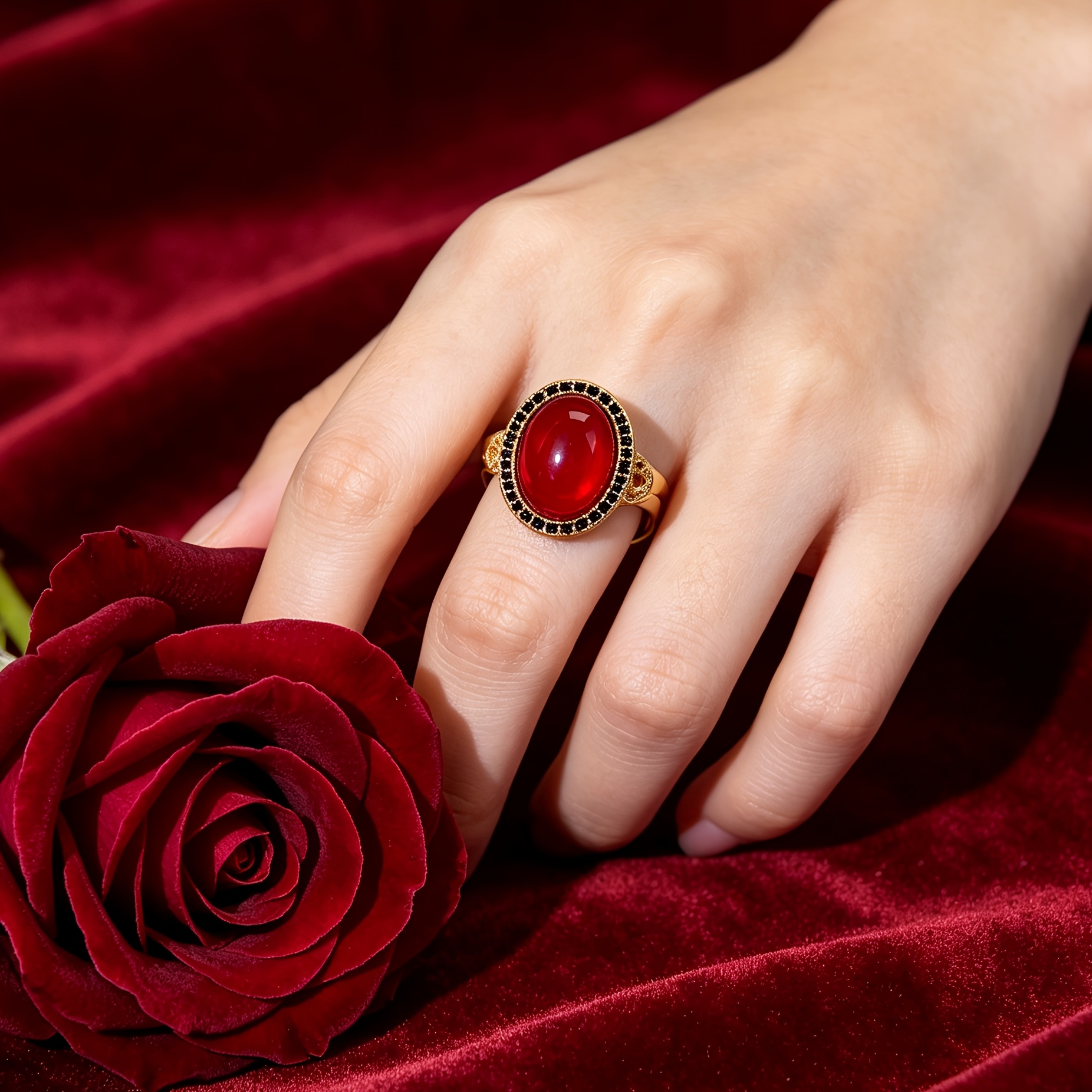 Women's Retro Court Style Red Agate & Black Zirconia Ring