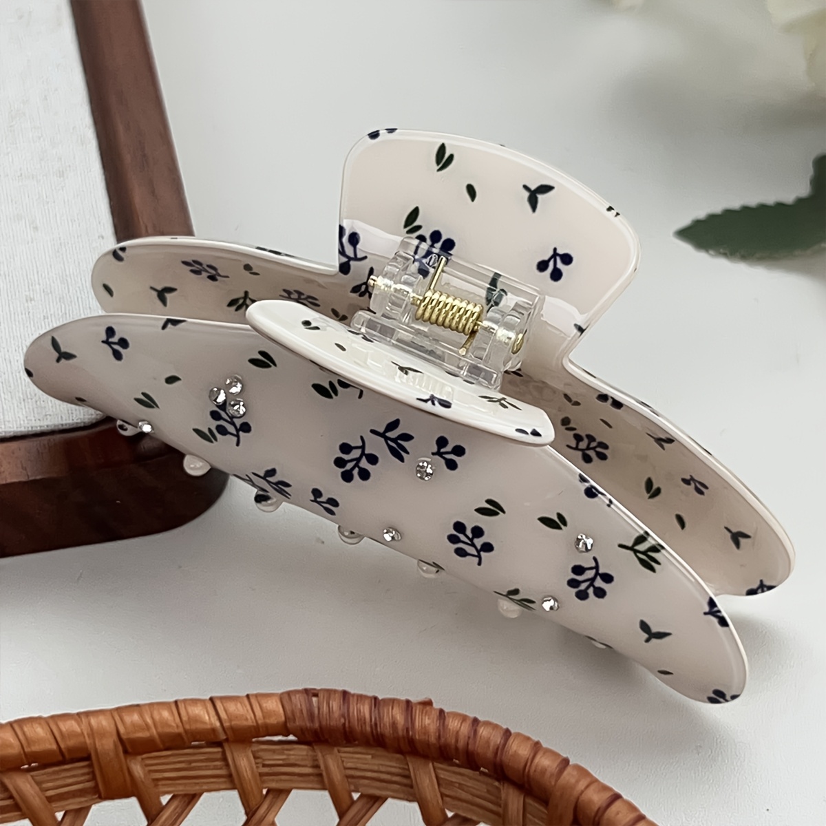 E-shop Vintage Haarklammer mit blauem Blumendruck Strass, elegante Acryl-Haarkralle für Damen, süßes Haar-Accessoire für den