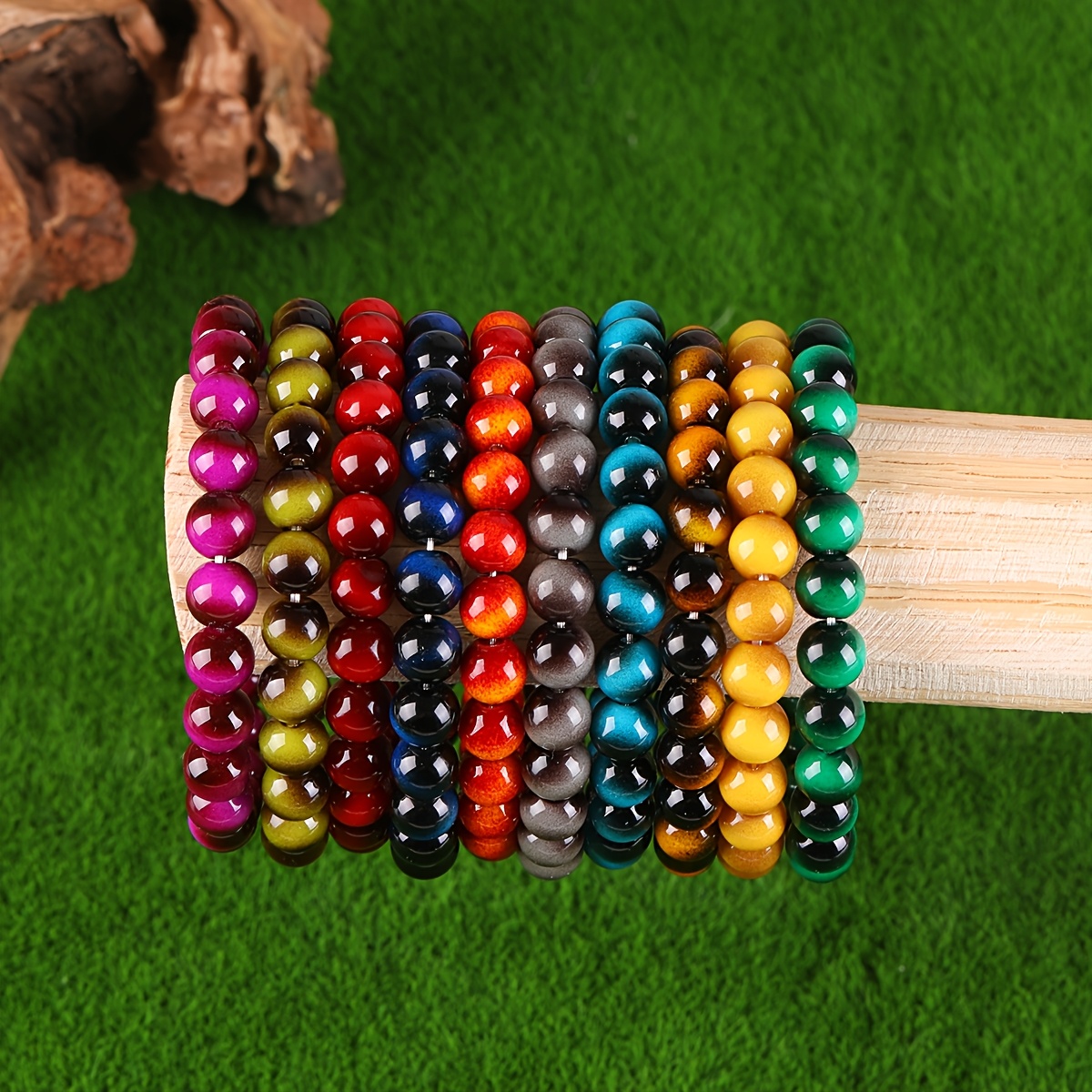TEMU 10pcs Unisex Eye Textured Bead Bracelet Set - Adjustable Elastic Cord Jewelry - Suitable For Daily Wear And Gifting