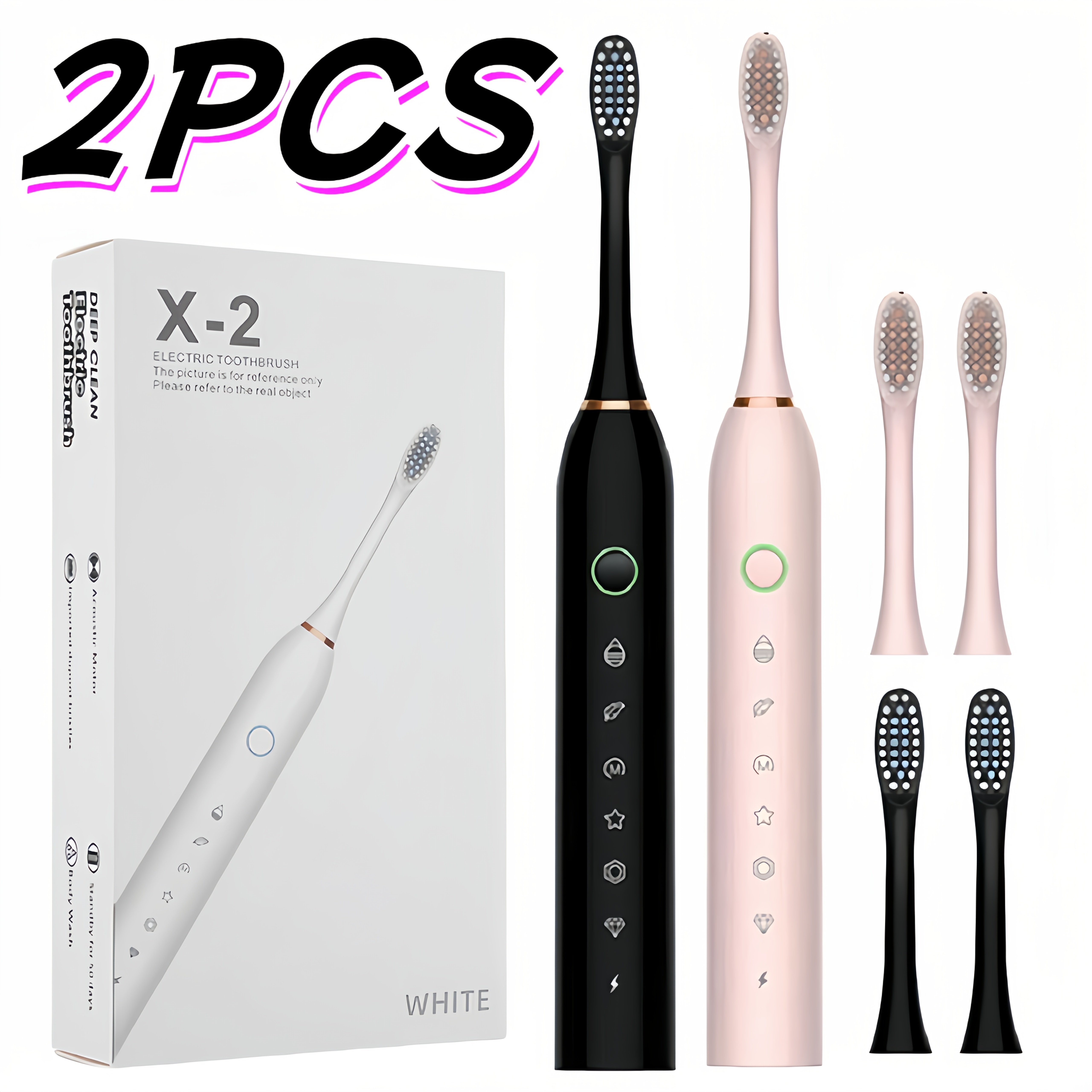 2pcs Advanced Smart Electric Toothbrush, 6 Cleaning Modes, 2/4 Replacement Brush Heads, Ultra-soft Bristles to Care for Sensitive Teeth, IP67 Rating, Suitable for Couples and Family Gifts