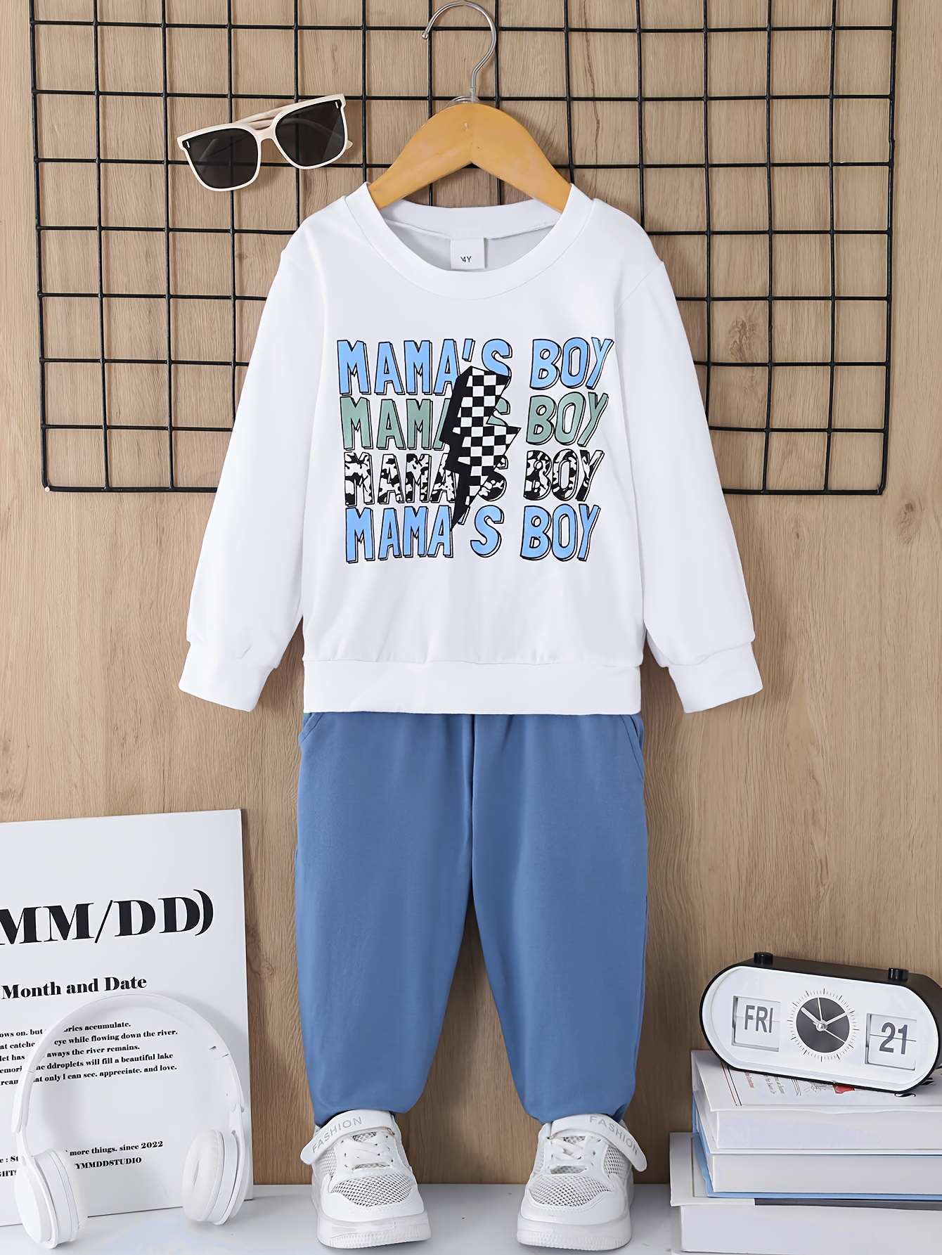 2pcs Boys' Letter "Mommy's Boy" Print Long Sleeve and Pants Comfort Set, Perfect for Outdoor