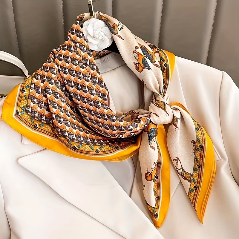 

27.56" Print Square Scarf Color Block Neck Scarf Mature Style Inelastic Sunscreen Headscarf