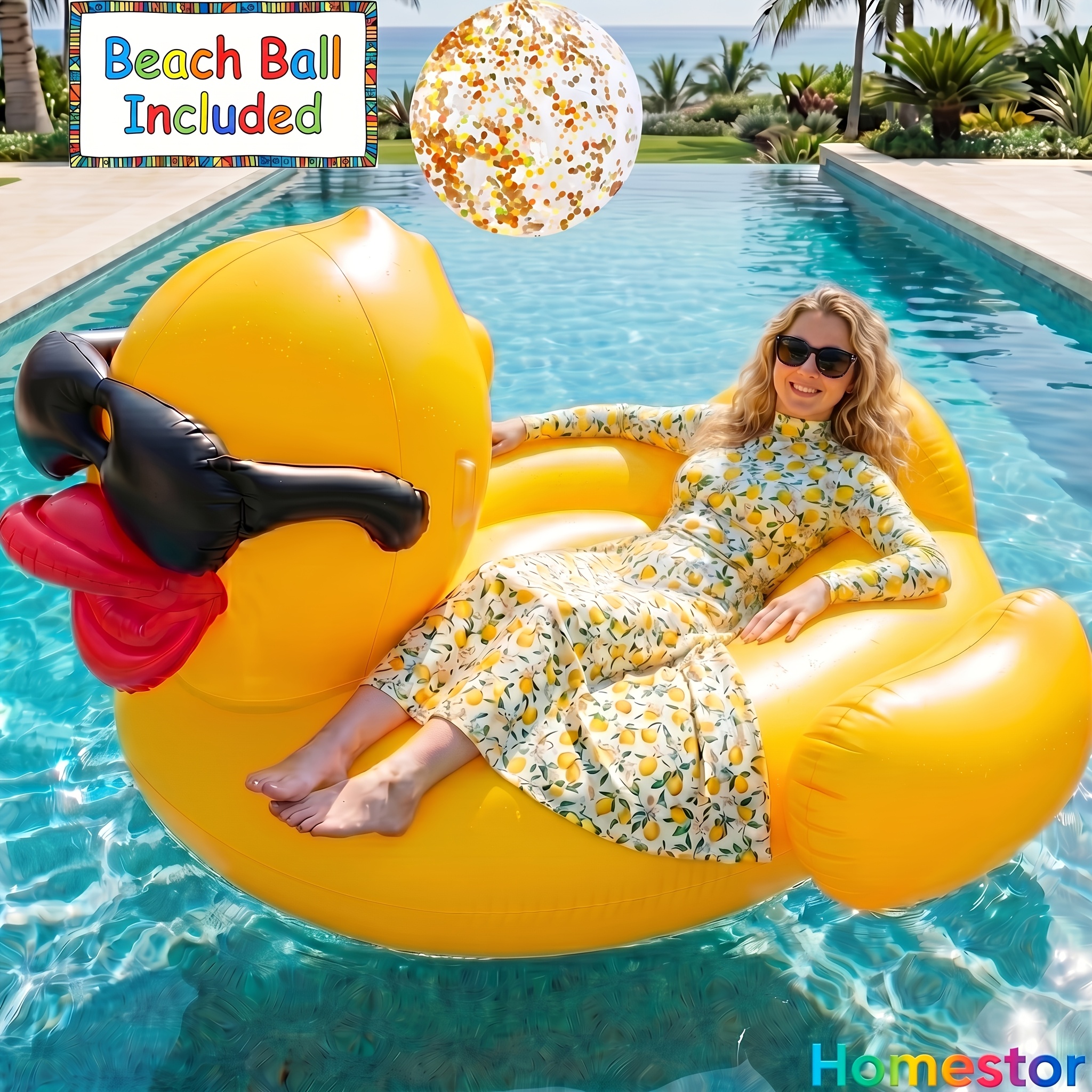 oversized duck pool float for adults 67 inch xxl inflatable raft with 16 inch beach ball swimming pool ride on rafts water lounger floats for outdoor lake   pool   blow up floaties summer party decoration   to 300 po