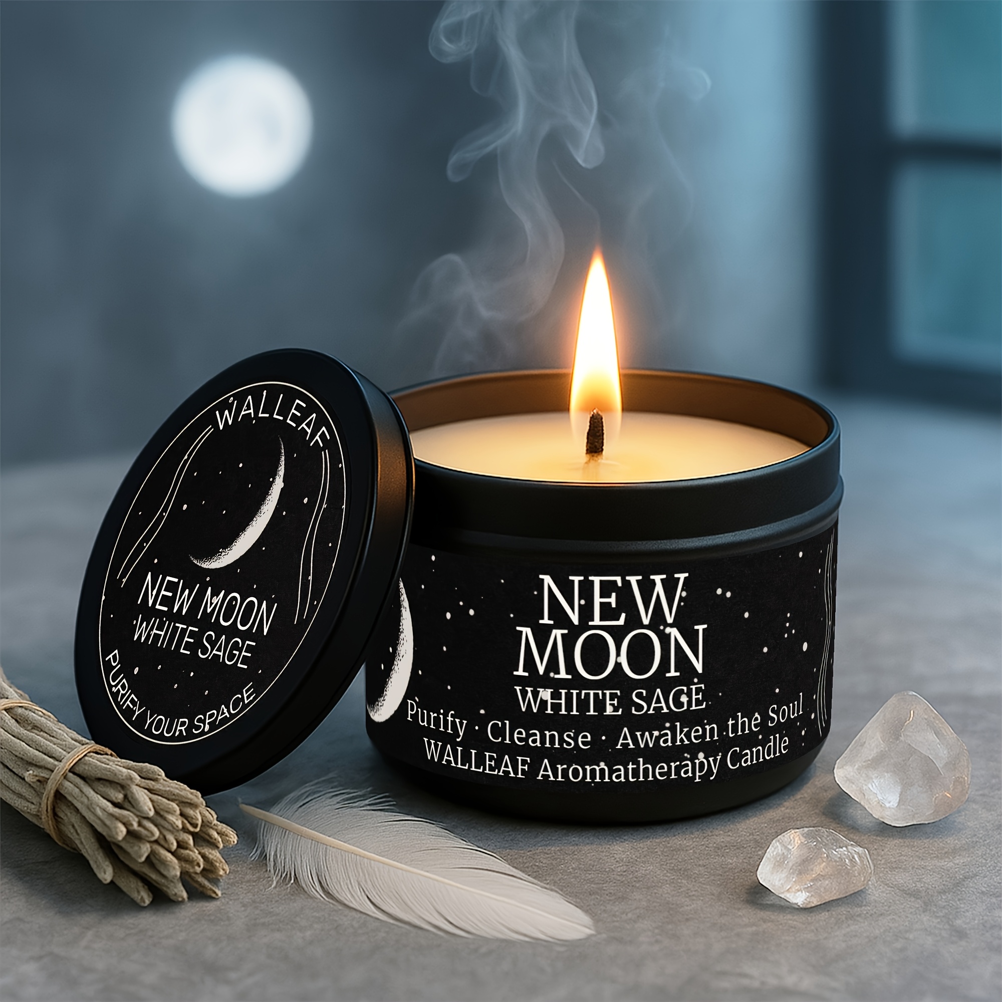 TEMU Walleaf 1pc Sage Manifestation Candle - Soy Wax With Black Crystals, Hand-cast, , Wish, Suitable For Her And Him, Indoor Use, Single 24h,