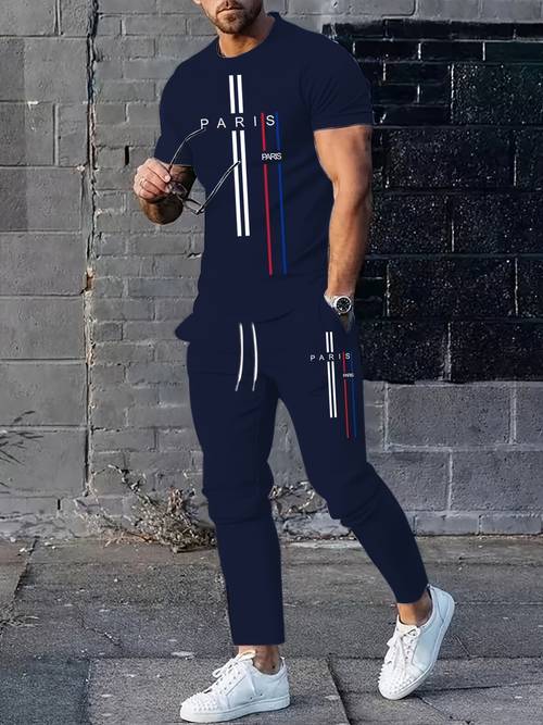 mens sports two piece short sleeve and long pants set paris print fashionable and trendy suit summer casual outing and daily wear