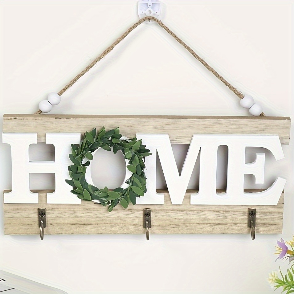 

1pc Rustic Wooden "home" Sign With Greenery Accent & Hooks, Contemporary Style Wall Decor, For Home Organization