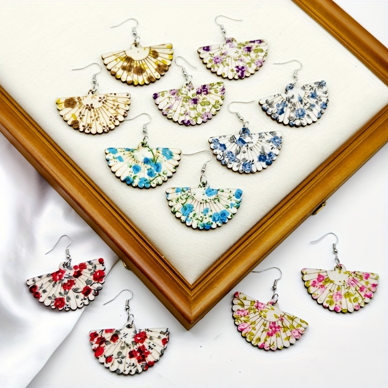 TEMU 6 paires de boucles d'oreilles éventail en acrylique à imprimé floral, boucles d'oreilles éventail légères à motif floral vintage pour femme,
