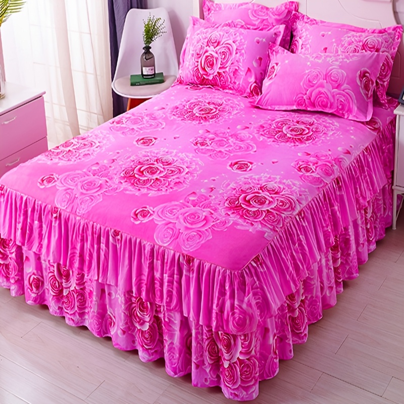 TEMU 1 Bed Skirt + 2 Pillowcases Machine Washable Active Dyeing Sanded Washable Bright Colors No Fading No Pilling No Double Layer Pleated Lace Universal Bed Skirt 3 Piece Set