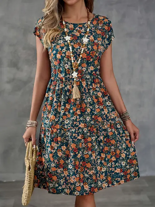 spring and new womens printed round neck short sleeve dress