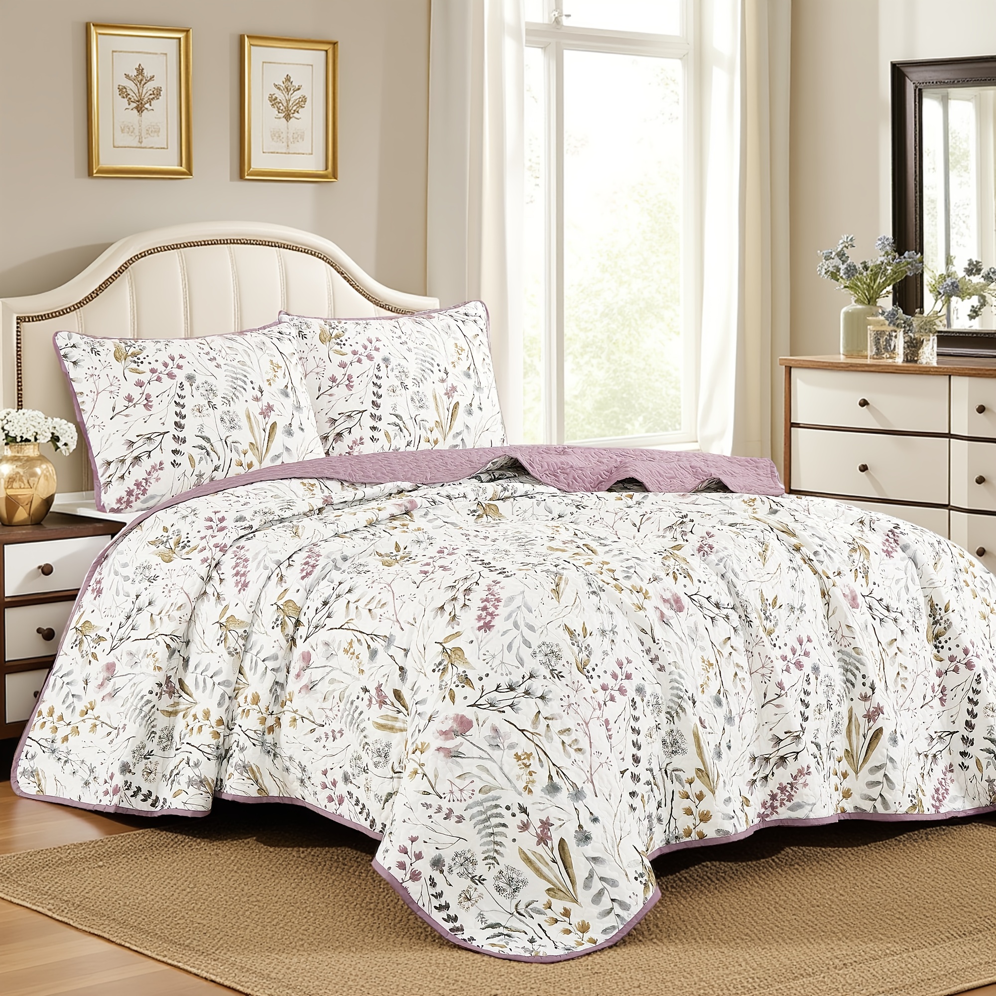 

3pcs/set Pattern Bedspread Set (1*bedspread + 2*pillowcase Without Filler), Reversible Floral Print Quilt Cover Set King/queen Size, Soft Breathable And Comfortable Bedding Set For All Season