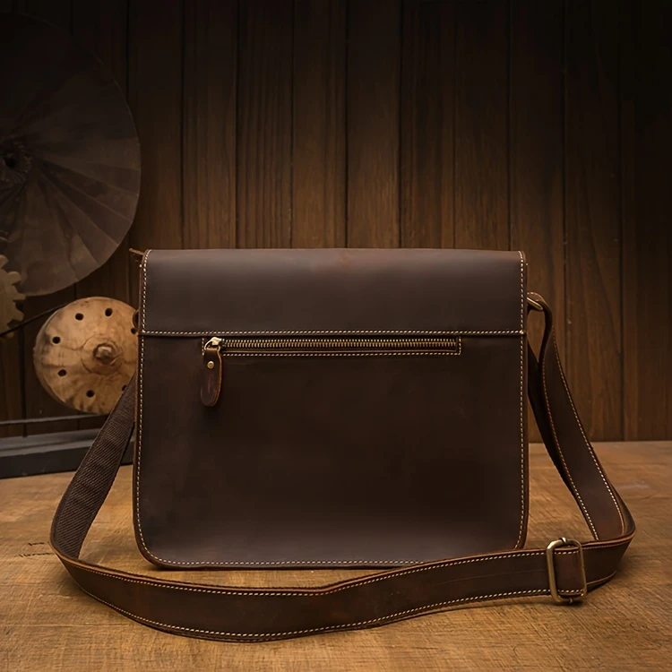 mens vintage style genuine leather messenger bag with adjustable strap casual handcrafted crossbody satchel with multiple pockets scratch repairable daily accessory details 6