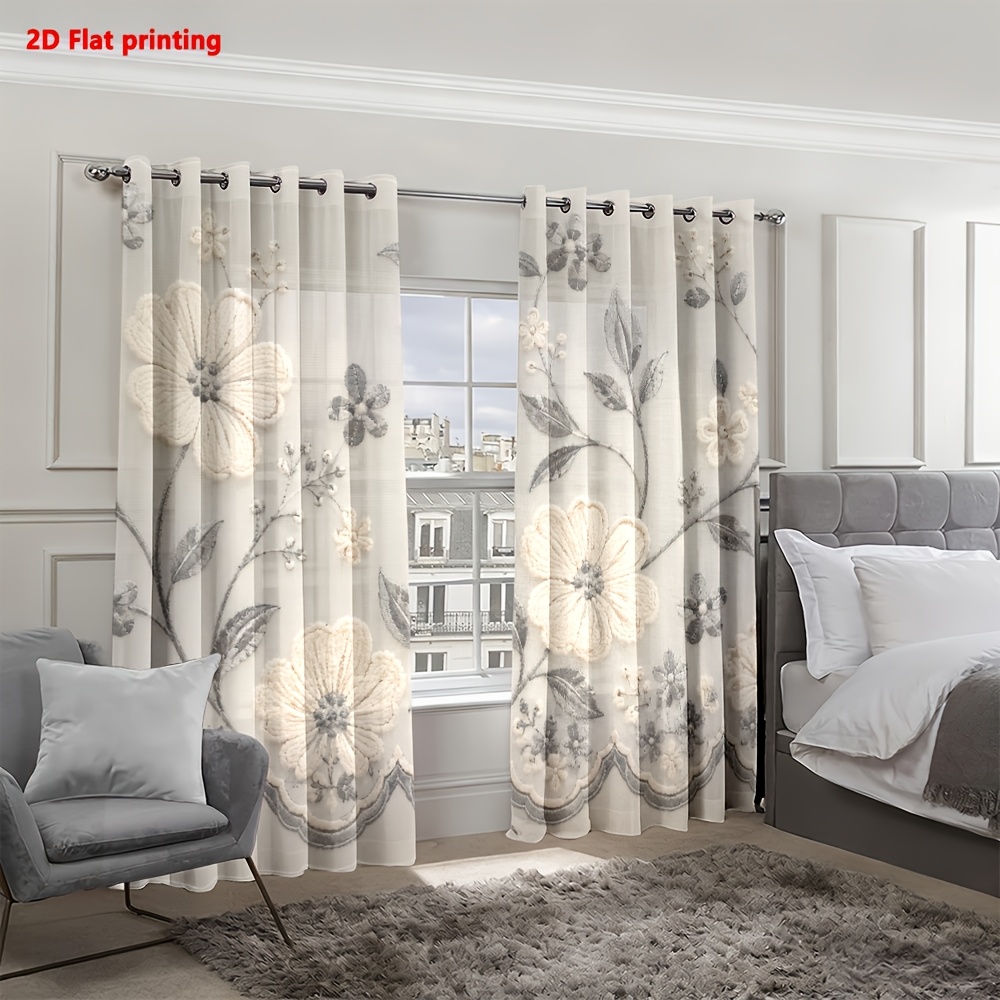 Image of 2d Flat - 2d Flat 2pcs Curtains Elegant Floral Print, Sheer For Light Filtering, Decorative Living Room, Bedroom