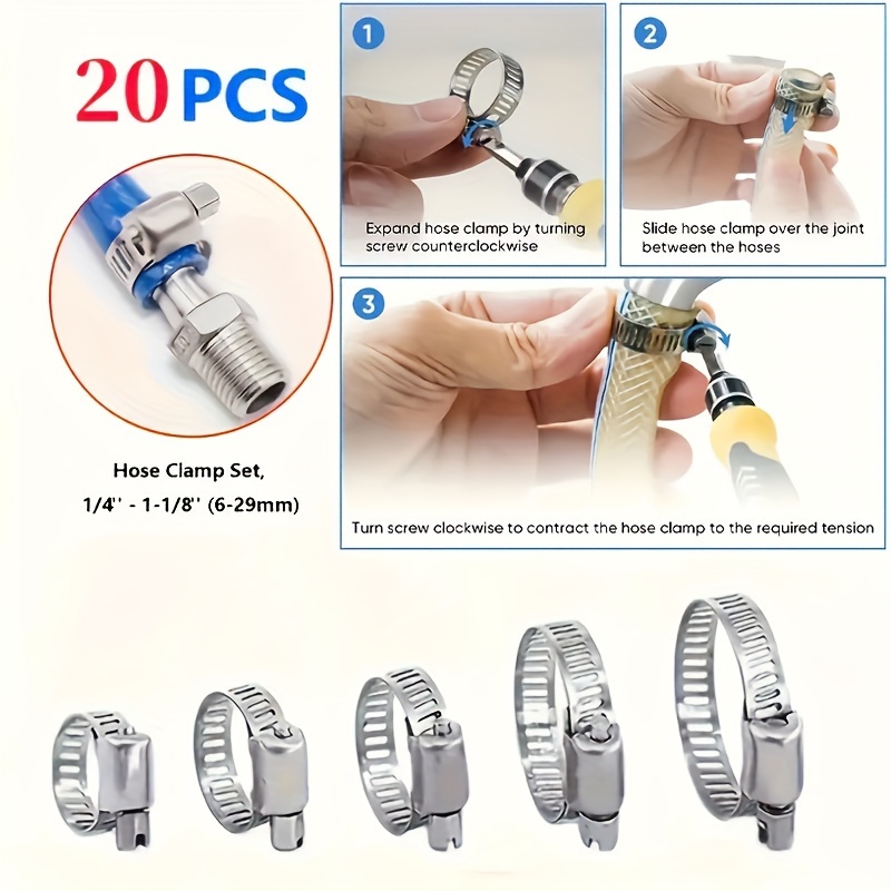 

20 Pcs 304 Stainless Steel Hose Clamp Set, Worm Gear Adjustable Range 1/4" - 1-1/8" (6-29mm), Durable Metal Clamps For Industrial Applications