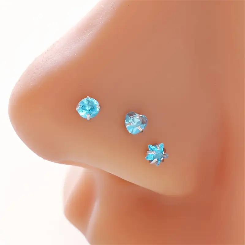 Image of 3pcs 304 304 Stainless Steel Nose Rings Studs Surgical 304 304 Stainless Steel Piercing Jewelry With Synthetic Synthetic Zircon​​ Heart And Star - Suitable For Daily Wear And Parties