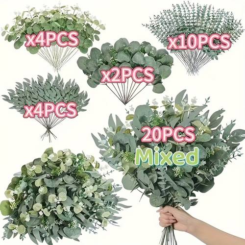 20 realistische künstliche eukalyptus- & stielblumen mit 4 arten von laub – ganzjahres-diy-deko für hochzeit, weihnachten, ostern, ramadan, valentinstag & hanukkah – /outdoor-kunststoff- -strauß für zuhause, tisch, rasendekoration, weihnachtsschmuck