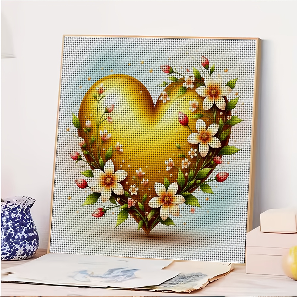 DIY Cross-Stitch Printed Kit, Golden Heart with Floral Pattern