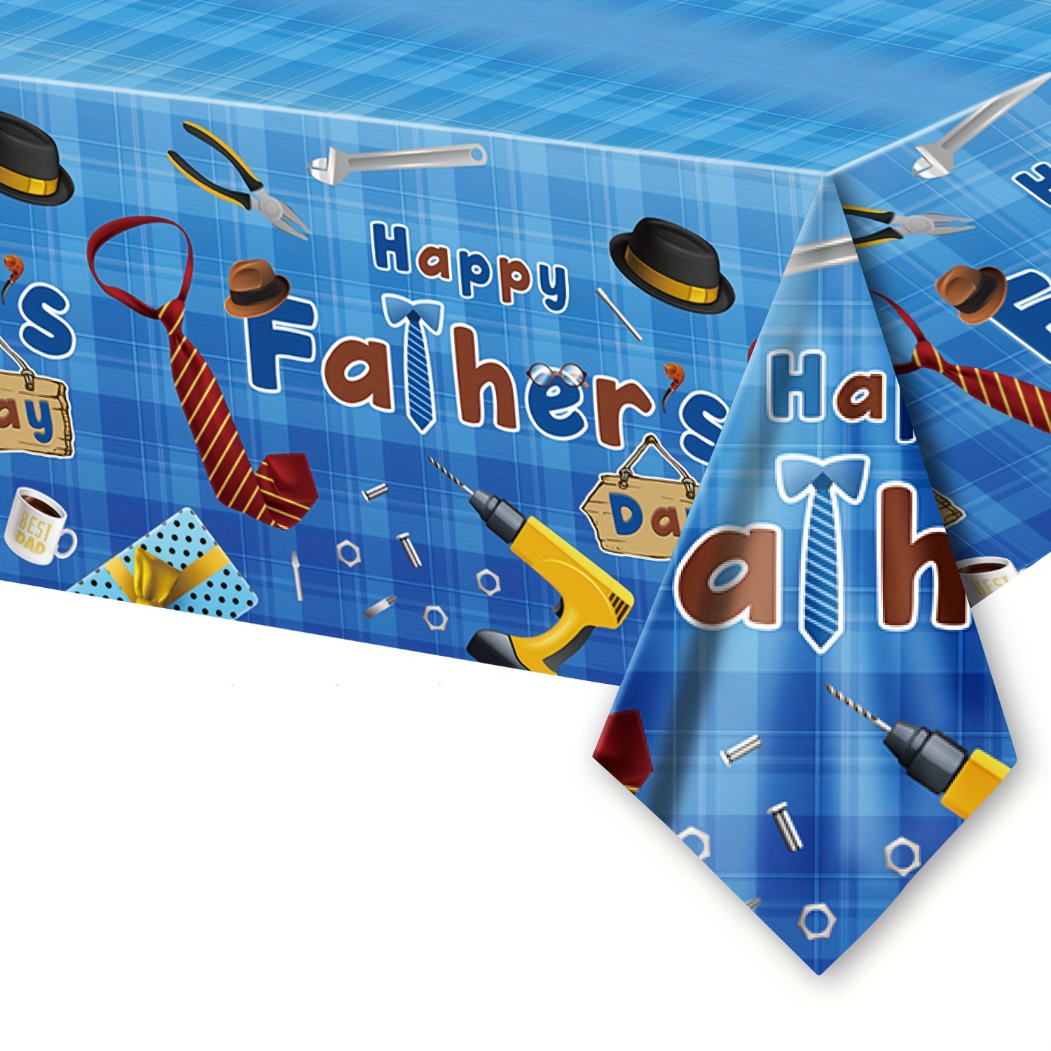 

1pc Happy Fathers Day Tablecloth Plastic Father's Day Party Table Cover Blue Tie Hat Dad's Day Table Cover For Home Men Family Prom Fathers Day Party Supplies Decorations 86.6 X 54 Inch