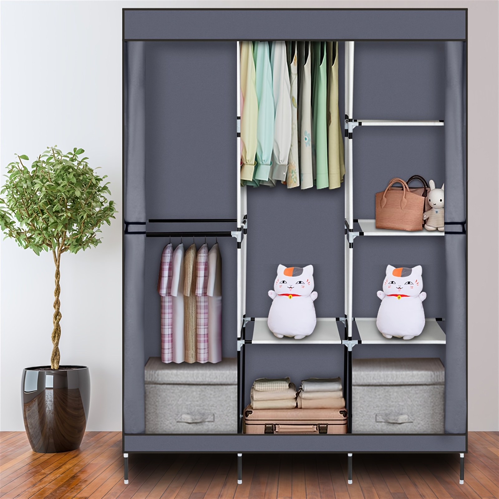 

71" Portable Closet Wardrobe Clothes Rack Storage Organizer With Shelf Gray