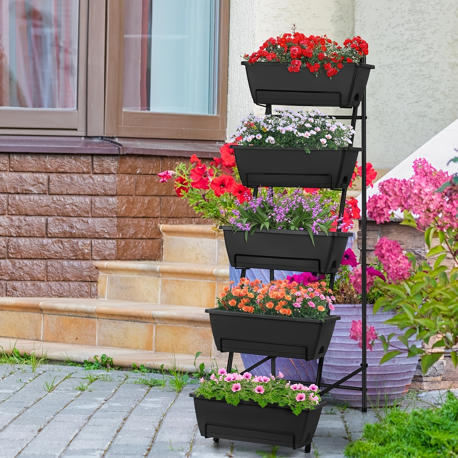 Raised Garden Bed 5 Tier Vertical Garden Planter Indoor Outdoor Herb Planter with Legs Elevated Garden Planters for Flowers Vegetables Plants, Brick Red/Black/Green