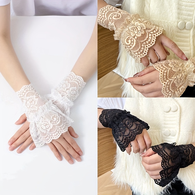Image of Women's Elegant Lace Wrist Covers With Trumpet Flower & Lace Trim - Elastic Fingerless Suitable For Parties, Weddings, - Machine Washable Decorative Wristwear For Formal Events