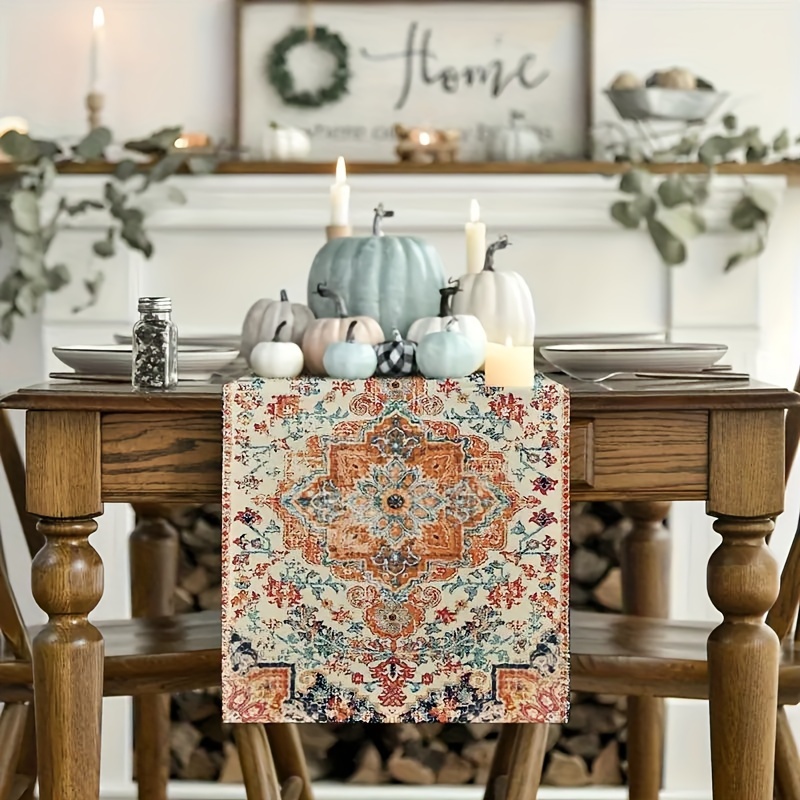 

1pc Bohemian Floral Polyester Table Runner - Rectangular Woven Dining Table Decor With Flower Pattern For Country Farmhouse, Indoor & Outdoor Seasonal Festive Decorations