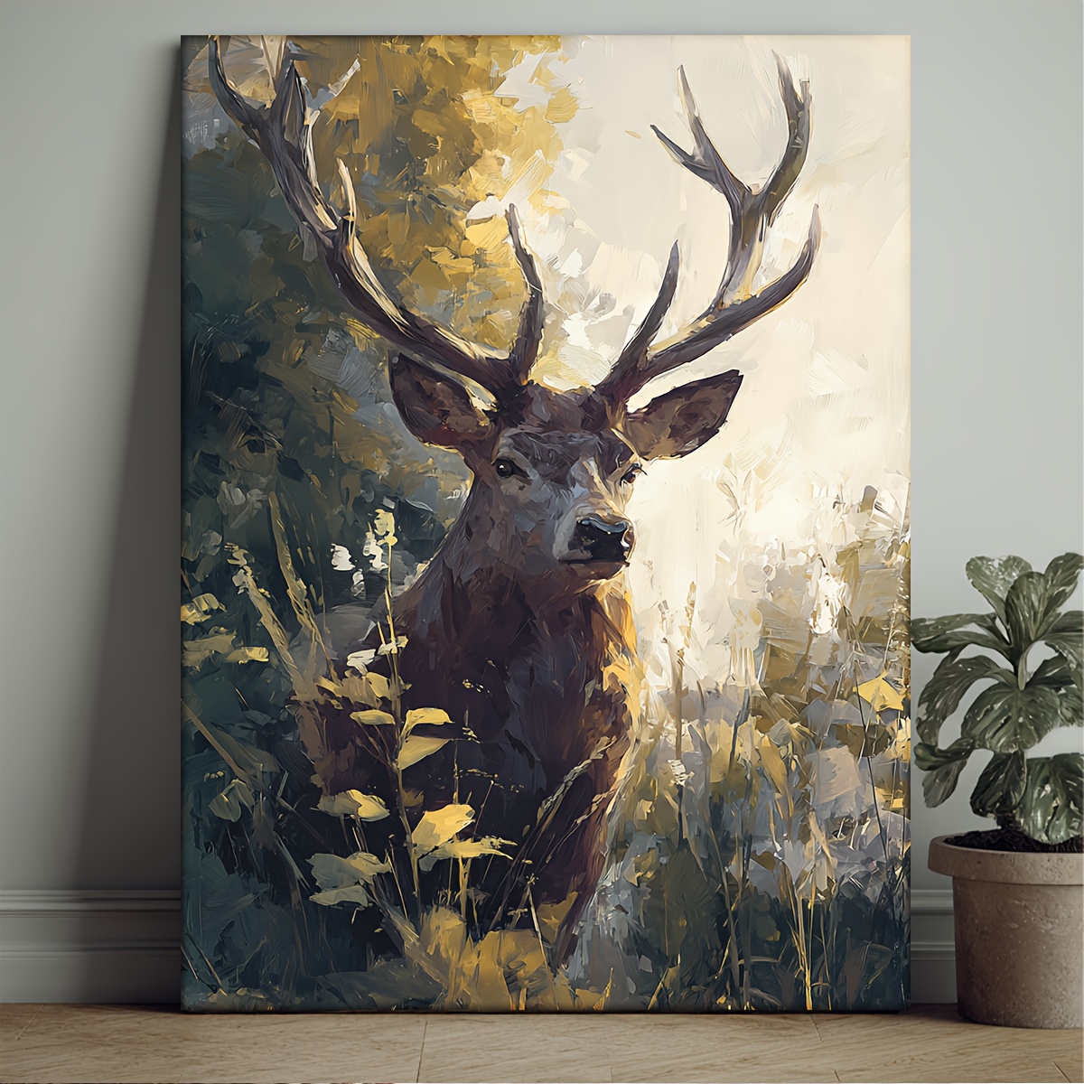 TEMU 1pc Framed Canvas Wall Art - Modern Minimalist Brown Deer Painting In Forest, Beige & - Nature-themed Stag Portrait With Wrap-around Pine Wood