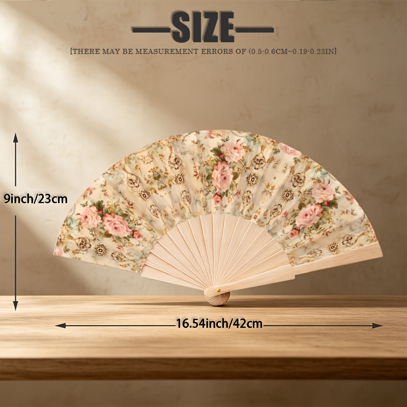 TEMU ["Éventail Pliant en Bois de 23 cm] Éventail Pliant en Bois Léger à Imprimé Floral Vintage, Outil de Refroidissement Portable pour Fêtes d'Été,