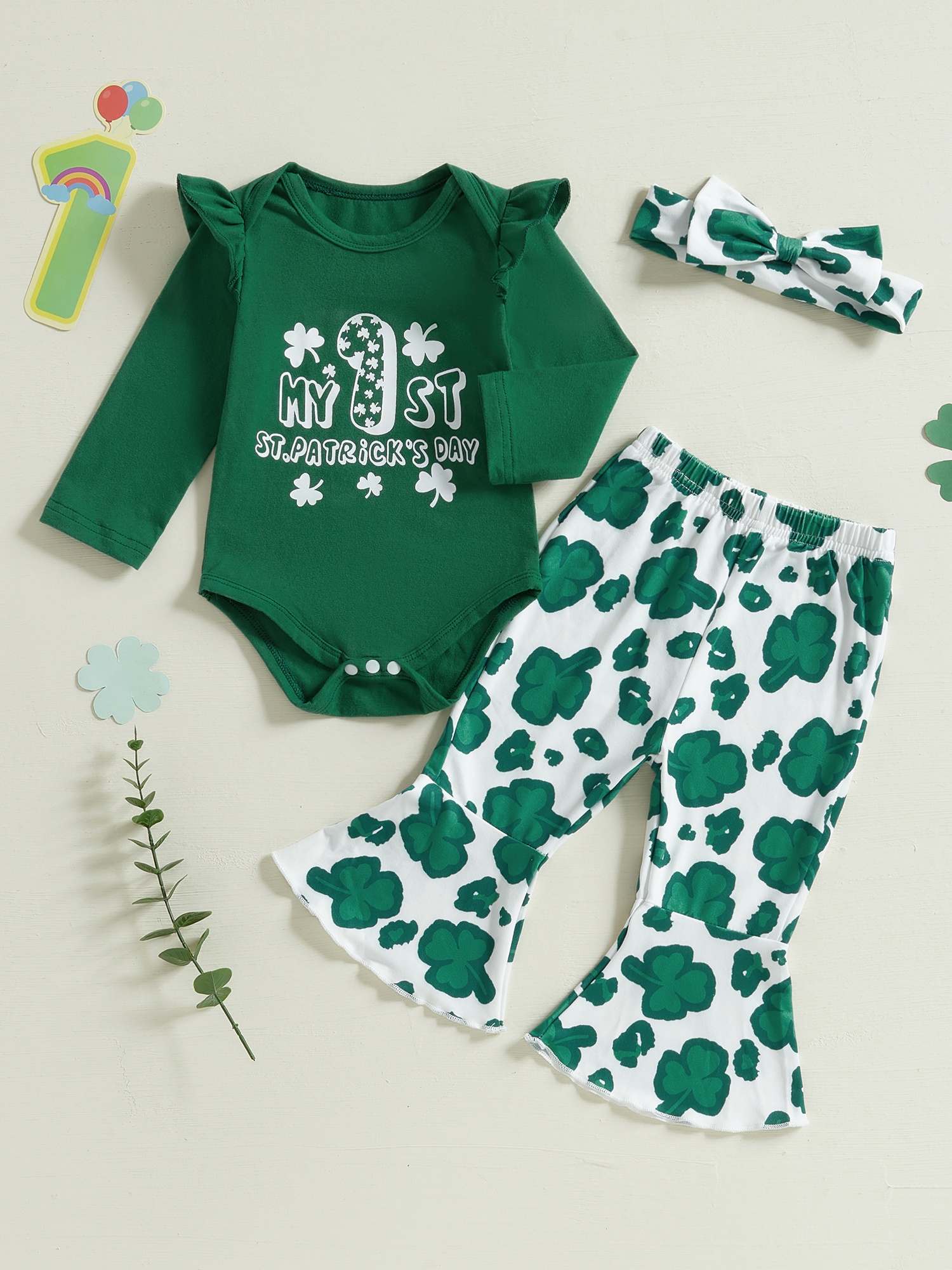 Baby Girl St Patrick's Day Outfit - Shamrock Romper With Flared Pants & Headband