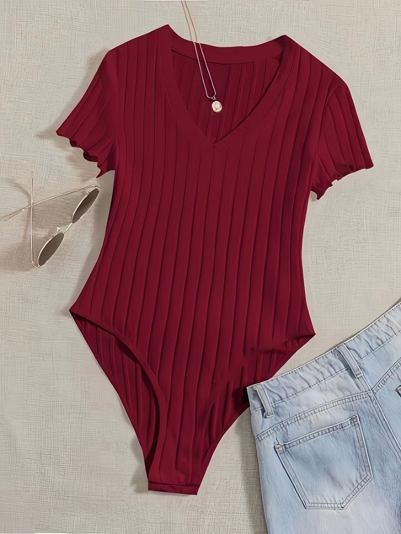 Solid V Neck Rib Knit Bodysuit Casual Short Sleeve Cotton - Temu