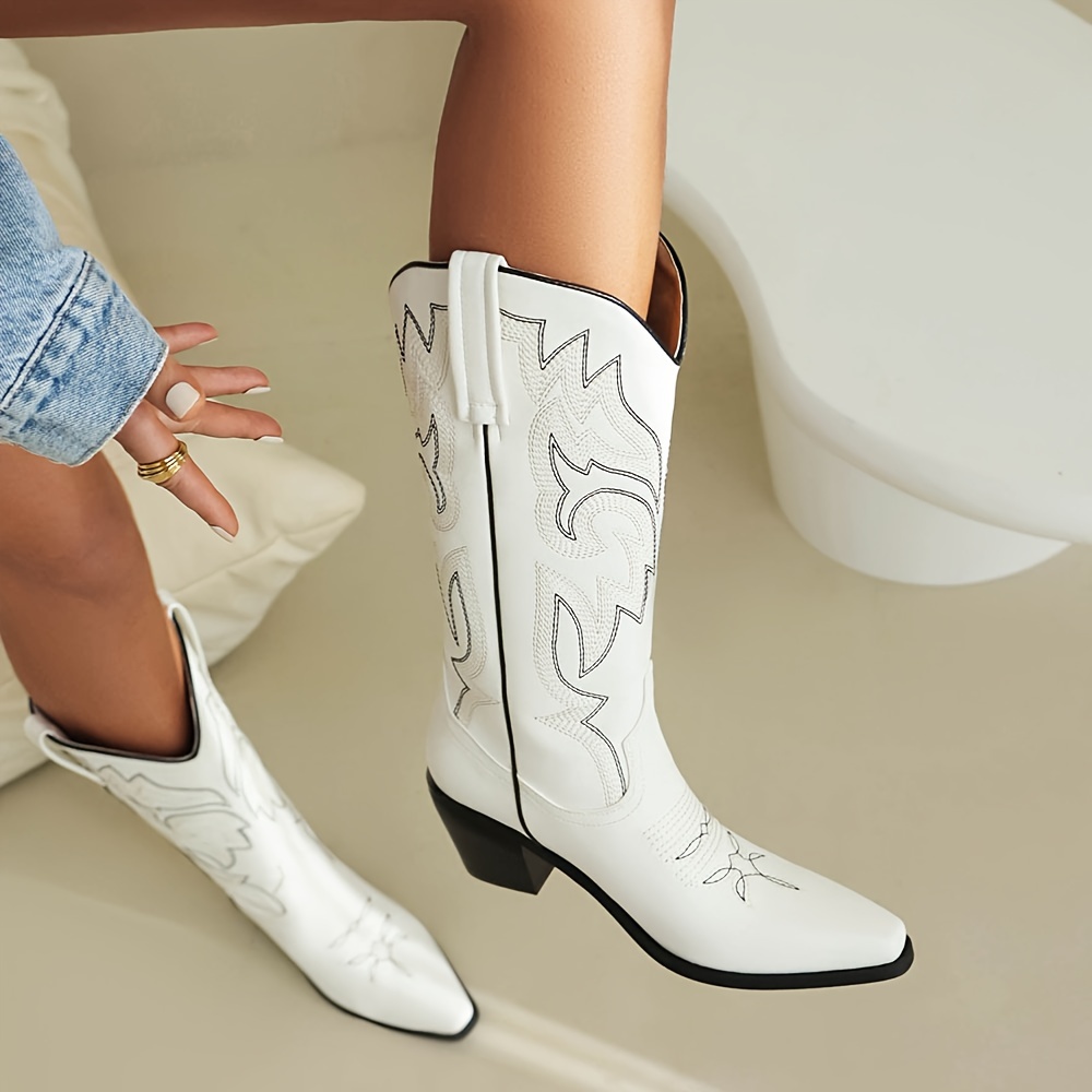 

Women's Cowboy Western Boots, Mid-calf Chunky Heel Pointed Toe Pull-on Embroidery Cowgirl Boots