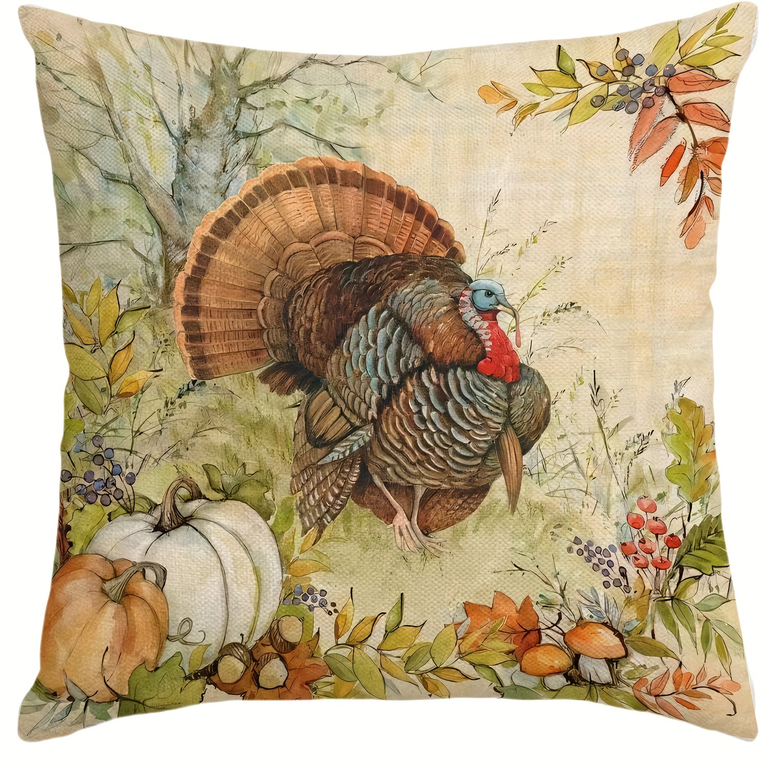 

Thanksgiving Pillowcase - Vintage Turkey & Pumpkin Design, Zip Closure, Hand Washable - Farmhouse Decor, Sofa Cushion Cover 16x16/18x18/20x20 Inches