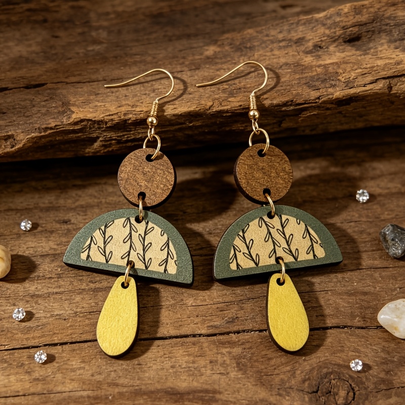 Bohemian Geometric Semicircle Printed Leaf Teardrop Earrings