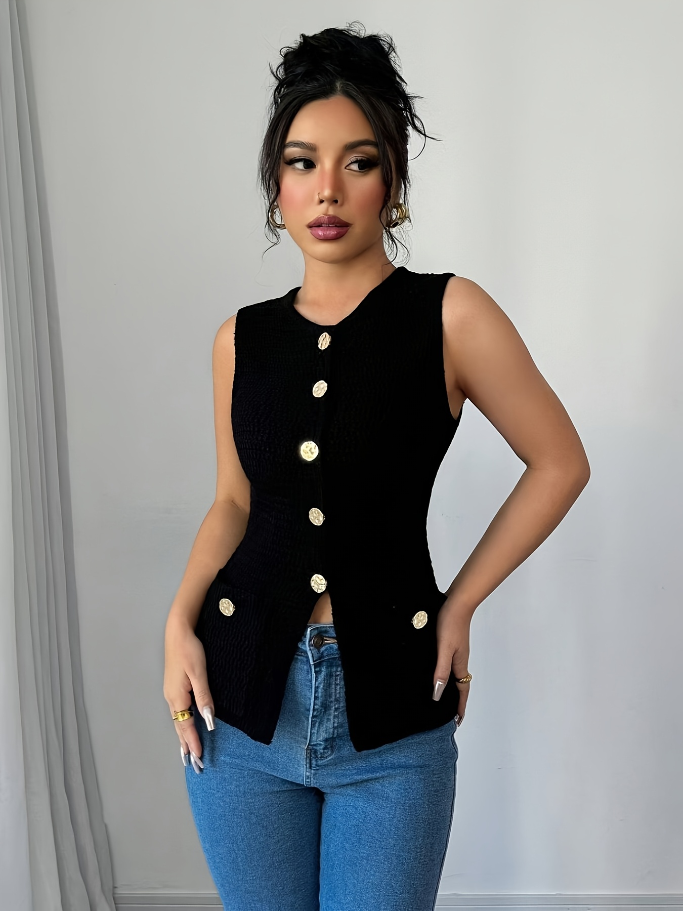 Elegant Sleeveless Knit Cardigan Vest Black with Golden Buttons,  Polyester, Knit Fabric, Spring/Fall Style, Casual Wear, Casual Wear  Vest|Elegant Sl