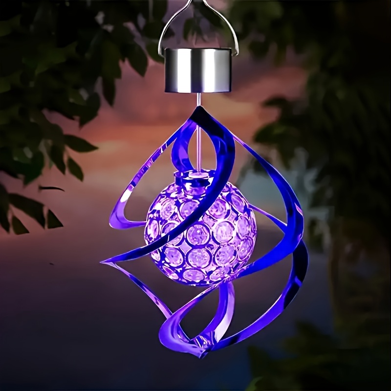TEMU 1pc Outdoor Led Solar Wind Chime Light, Hollow Rotating Wind Chime Lamp, Rgb Gradient Color Pendant Light With Silvery Solar Wind Chime And