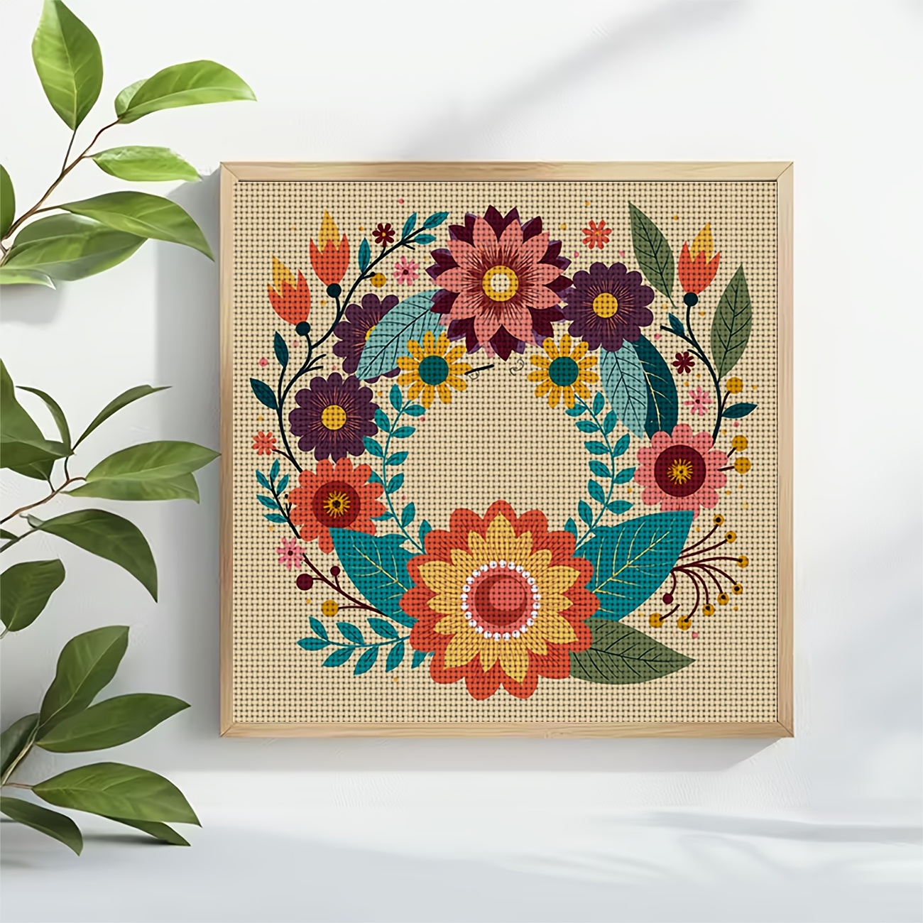 DIY Cross-stitch Printed Kit, Unframed Colorful Flower Wreath Pattern
