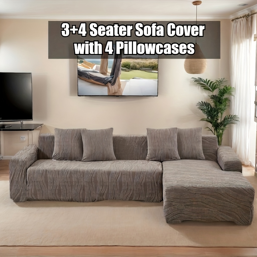 Image of Topchances Knitted Jacquard L-shaped Sofa Cover Set With 4 Pillowcases, Stretch Durable Easy Clean Furniture Slipcover Protector For 3+3/ 3+4 Seater Living Room Sofa