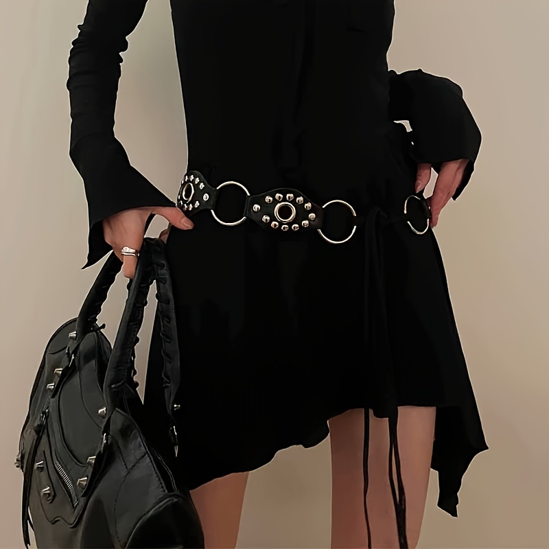 TEMU Punk Rock Metal O-ring Rivet Wide Waist Belt For Women, Gothic Lace-up Corset Belt, Adjustable Tassel Waistband For Dresses & Jeans
