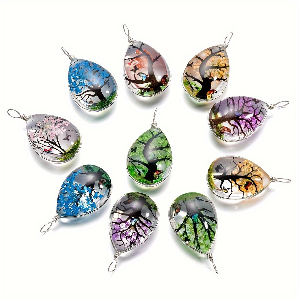 

5pcs Dried Flower Glass Charms, Real Plant Specimen Teardrop Pendants For Diy Necklace Jewelry Making Accessories