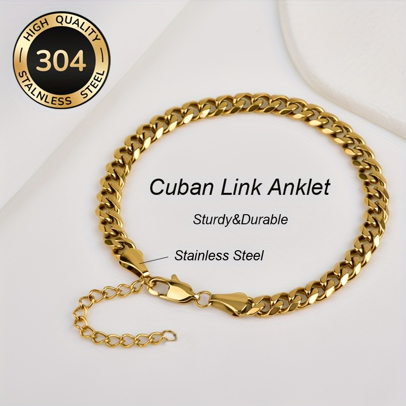 TEMU 2d Flat, Golden Anklet For Women Cuban Link Anklets Bracelets 18k Golden Plated 304 Stainless Steel Cuban Hypoallergenic Anklet Flat Foot Chain