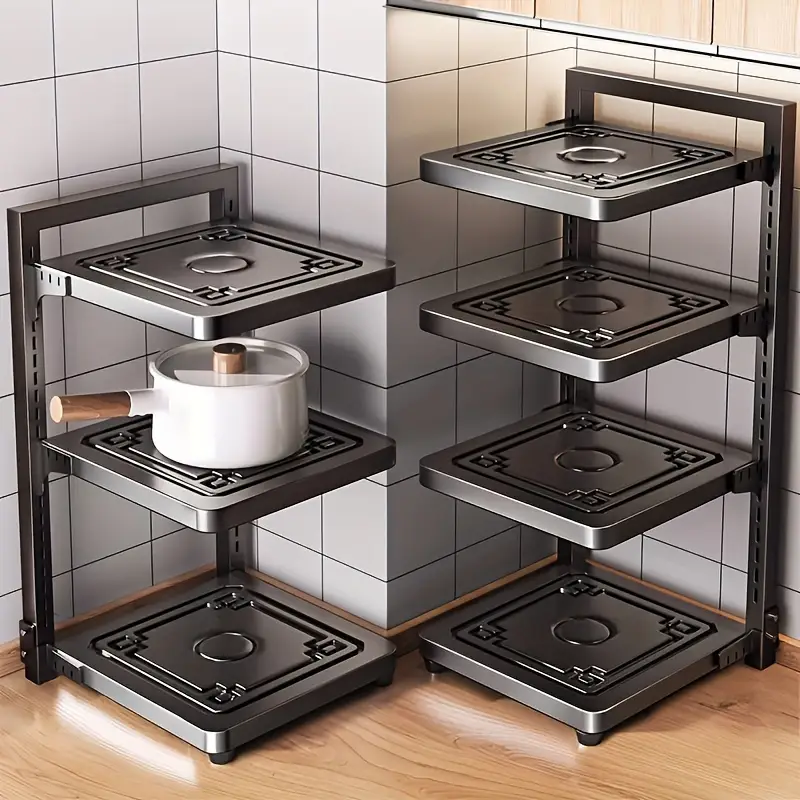kitchen cabinet under sink pot and bowl storage rack heavy duty pot and bowl storage rack for under sink lid storage rack kitchen cabinet storage rack with 4 adjustable layers Product details 0
