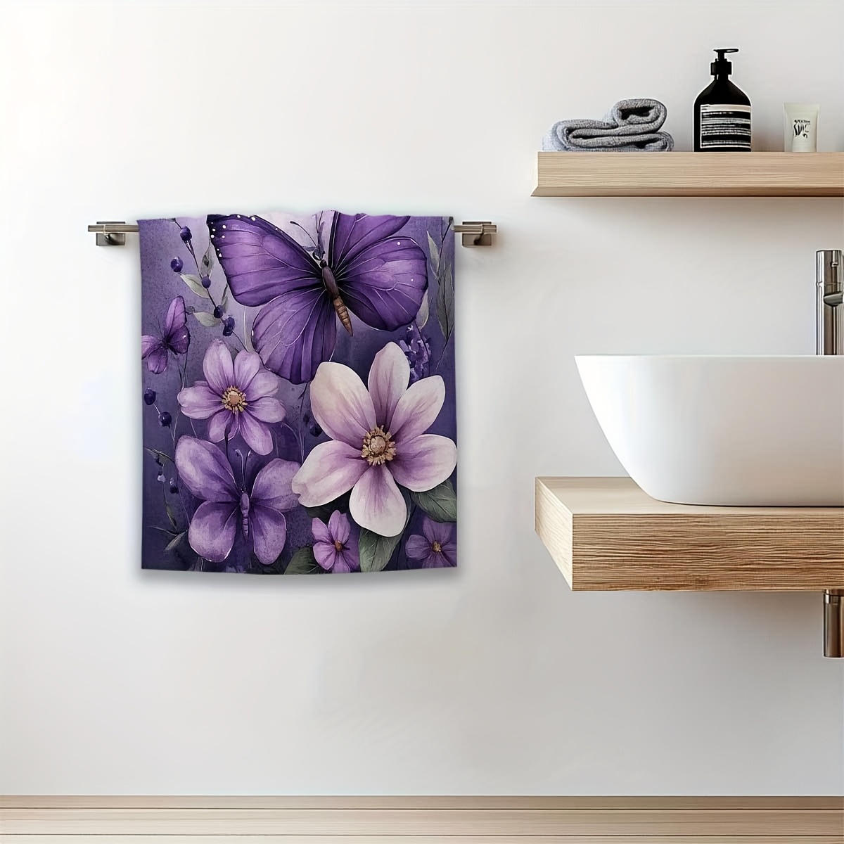 TEMU 1pc And 2pcs Spring Summer New Style Bathroom Towels, Purple Floral Pattern Kitchen Towels, Soft Absorbent Dish Towels, Suitable For Farmhouse