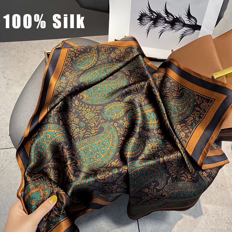 TEMU Vintage Paisley , 100% Silk Women's Dark -style Pattern, 25.98-inch Square Neck Scarf, A Versatile Accessory For Work Commutes, Dates, And
