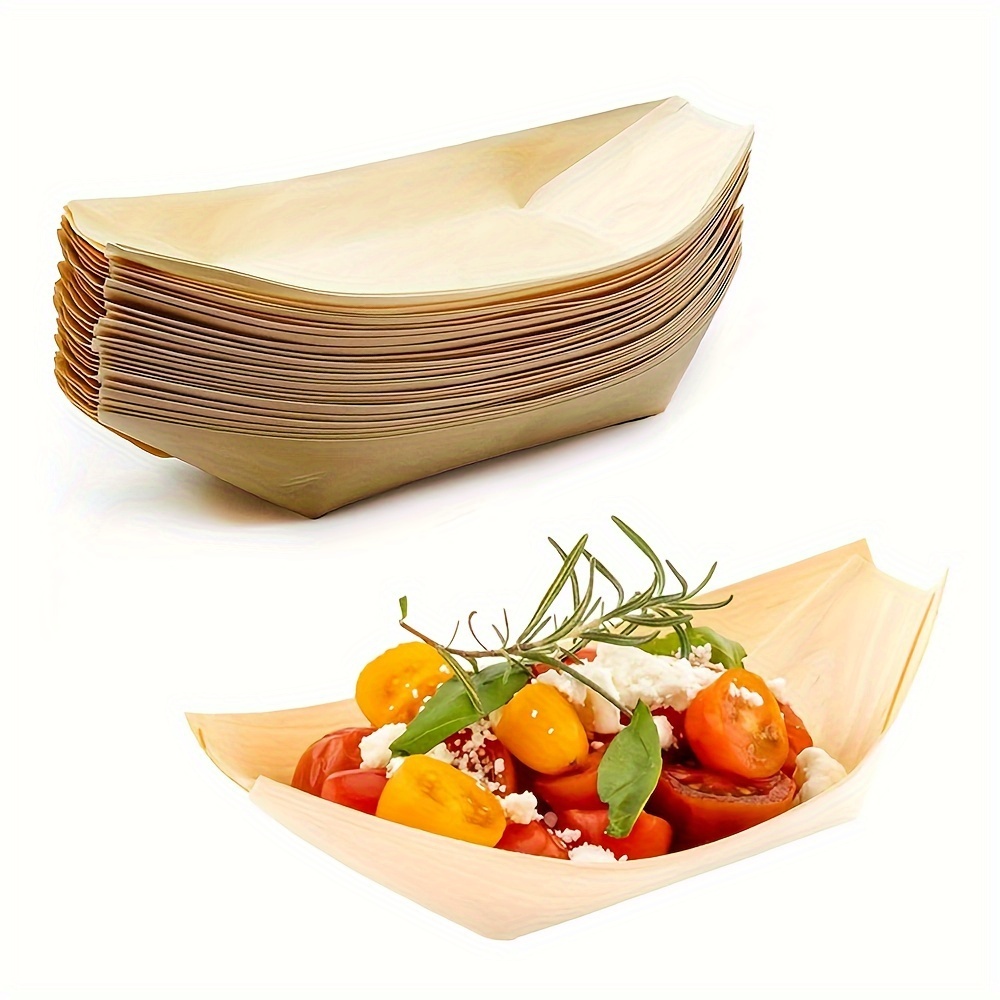

50/100pcs Disposable Food-grade Wooden Boat Trays 6.6inch, Creative Decorative Serving Plates For Snacks, Fruits, Fried Chicken, Sushi, Bbq, Appetizers, Restaurant Takeout Packaging Boxes