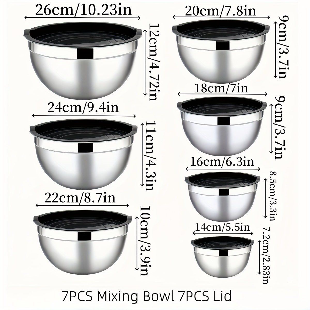 E-shop 7-teiliges Set aus Edelstahl mit Deckeln - 14-teiliges Set, 0.5QT/1.5QT/2QT/2.5QT/3.5QT/4QT, rostbeständig, sicher im Geschirrspüler, für die