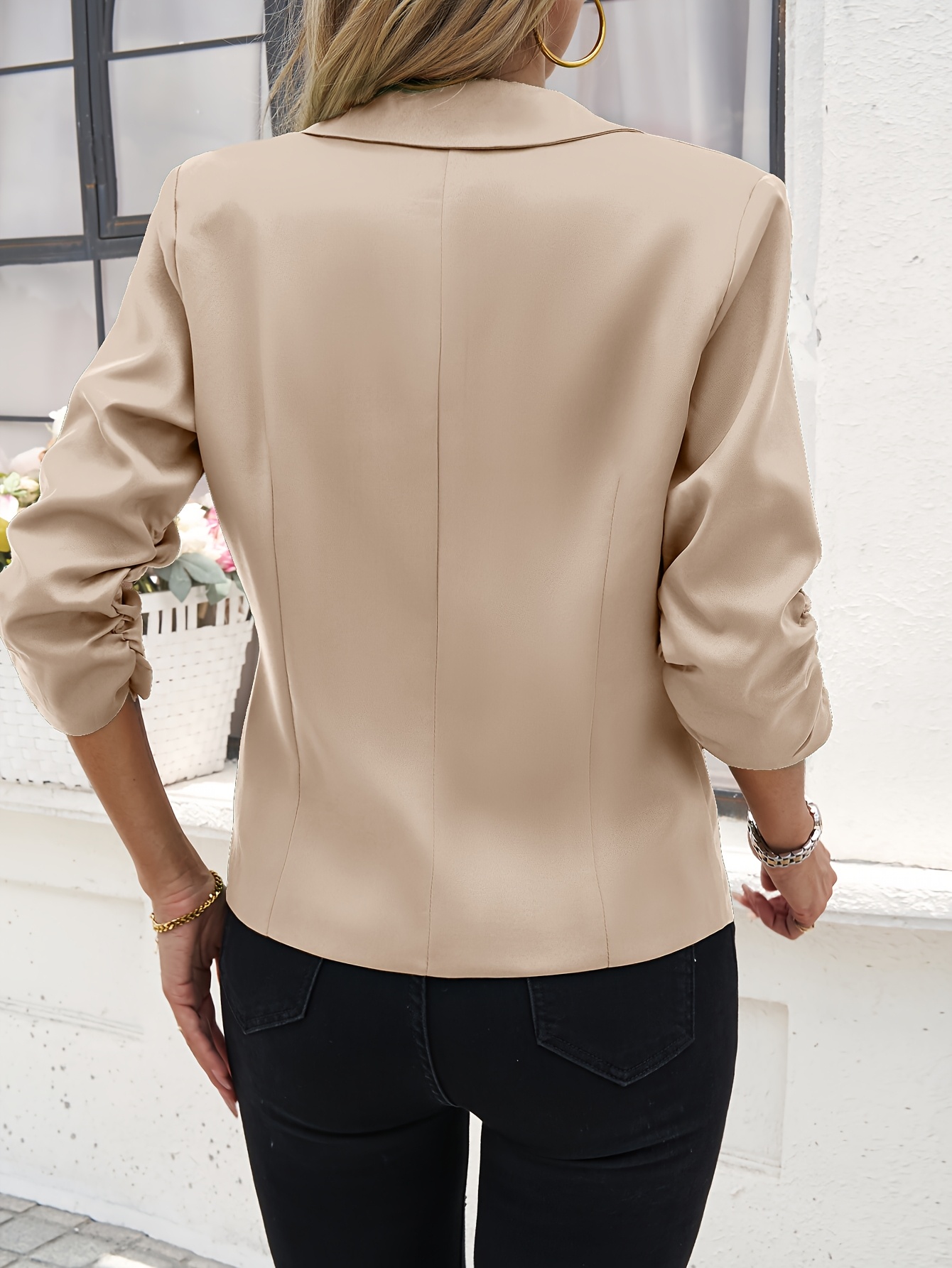 Women's Light Beige Casual Blazer - Open Front, 3/4 Sleeve, Polyester, Machine Washable, X-Shaped Silhouette, Perfect for Spring & Fall
